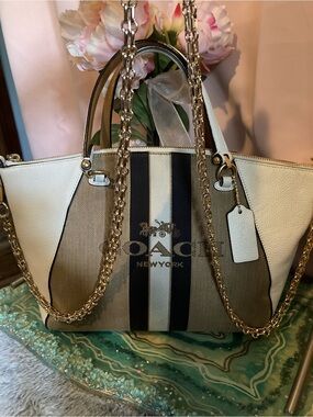 Coach Beige, Brown and Dark Brown Stripe Canvas Tote including gold chain strap